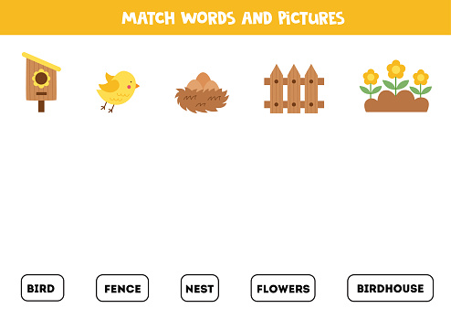 Match written words with cute spring pictures. Educational spelling game for kids.