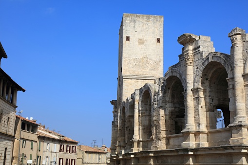 Arles town in Provence, France. UNESCO world heritage site - ancient Roman arena ruins.