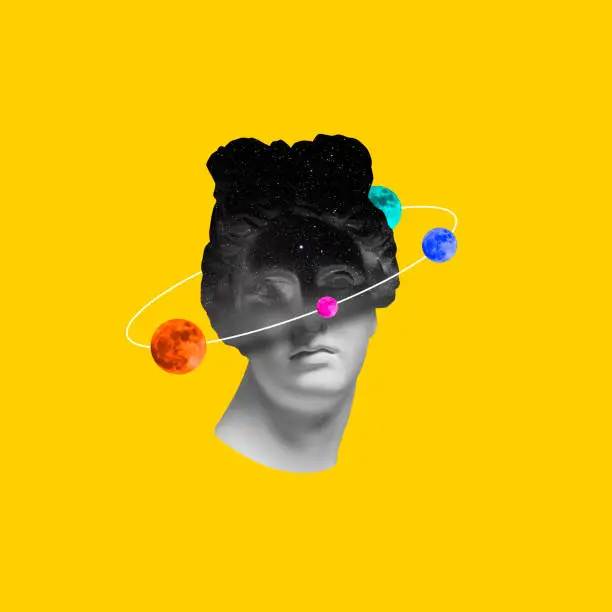 Contemporary art collage. Antique statue bust with colorful planets around head isolated over bright yellow background. Creative design. Vibrant coors. Concept of imagination, surrealism, style