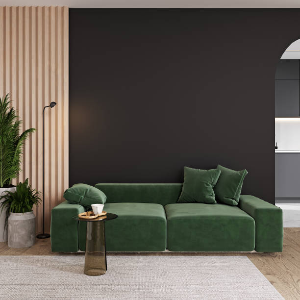 living room in black with green sofa. 3d render - vehicle interior green sofa indoors imagens e fotografias de stock