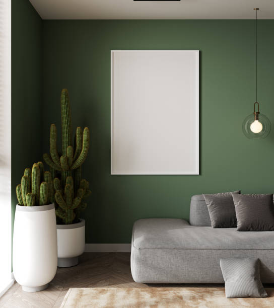 モダンな緑のインテリアの背景、リビングルーム、スカンジナビアスタイル、3dレンダリング、3dイラストでポスターフレームをモックアップ - vehicle interior green sofa indoors ストックフォトと画像