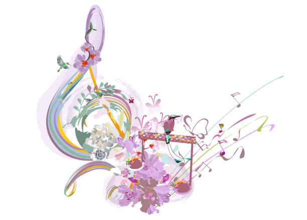 illustrazioni stock, clip art, cartoni animati e icone di tendenza di chiave di altalena di natura astratta decorata con fiori estivi e primaverili, note, uccelli. - guitar illustration and painting abstract pattern