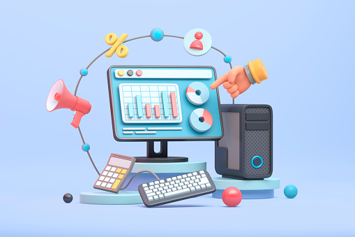 Digital marketing, social media and network, online business and purchasing, financial analysis and statistics, communications. 3d illustration.