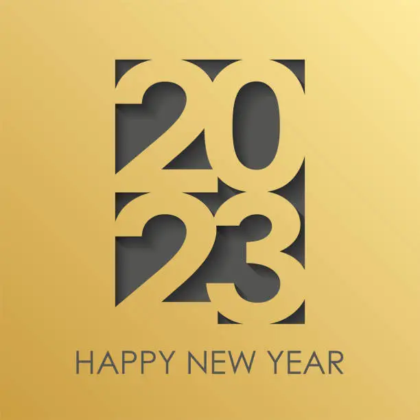 Vector illustration of 2023 Happy New Year golden card, calendar, invitation. Vector illustration.