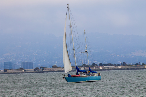 Blue sailing boat in the bay in San Francisco.
