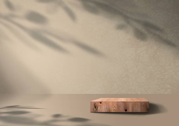 istock Wooden exhibition podium. 3D Background. Branch shadow with tropical Leaves. 3D rendering 1392757106