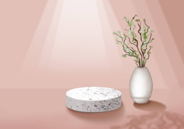 istock White stone podium. Cosmetic display product stand and vase with branch leaves background. 3D rendering 1392757334