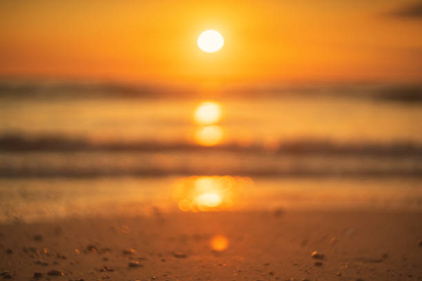 Blur tropical beach with smooth wave and sunset sky abstract background. Copy space of business summer vacation and travel adventure concept.