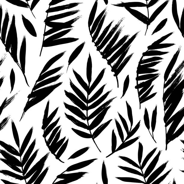 Tropical seamless pattern with black palm leaves. Tropical seamless pattern with black palm leaves. Hand drawn vector floral background. Sketchy modern palm leaves with grunge texture. Abstract tropical summer background. Vector illustration. paint silhouettes stock illustrations