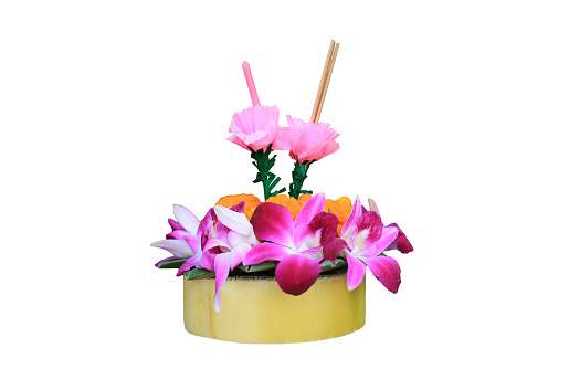 Krathong made from banana leaves and flower isolated on white background. Loi Krathong festival tradition in Thailand.