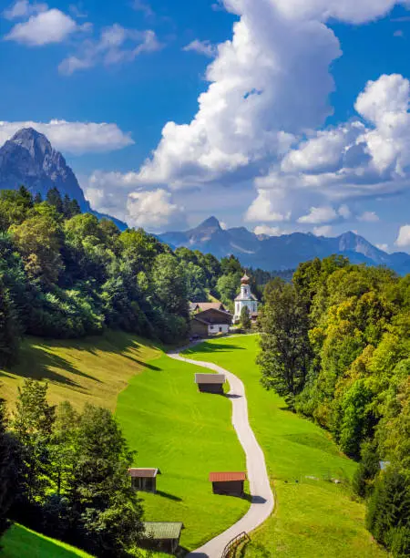 Wamberg village with Mount Waxenstein on the background, Garmisch-Partenkirchen, Bayern, Germany