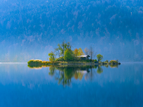 Maximiliansinsel in the Eibsee lake near Grainau, Upper Bavaria, Bavaria, Germany, Europe