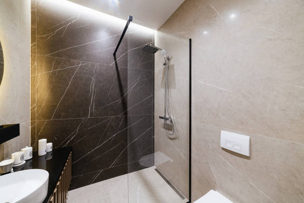 istock Glass shower in the bathroom. Modern interior design 1392764672