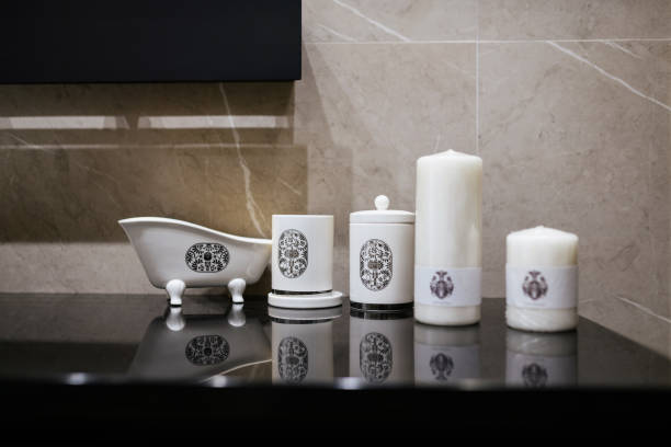 istock decor elements in the bathroom on the black table top. 1392764831