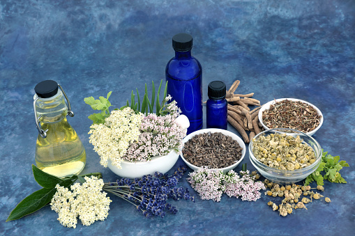 Essential oil preparation with herbs of valerian, ashwagandha, lavender, elderflower, st johns wort, chamomile. Used in herbal plant medicine as a tranquilizer to treat anxiety, insomnia and stress.