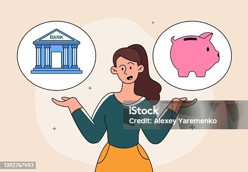 istock Woman choosing bank or piggy bank 1392767493