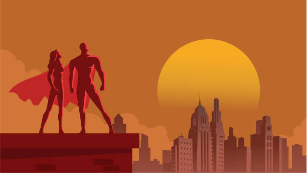 Vector Superhero Couplein art Deco Style City Stock Illustration A retro art deco style illustration of a couple of superhero standing on a roof top with city skyline in the background. wide space available for your copy. Superhero  stock illustrations