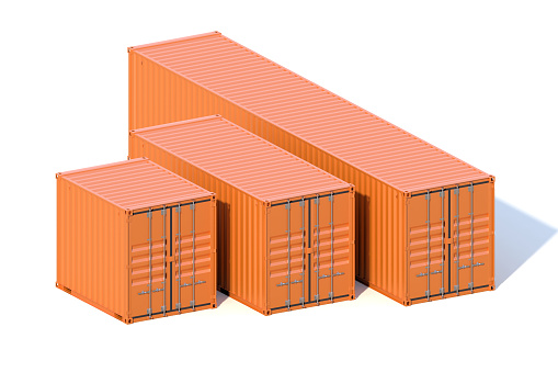 Set of 3 ship cargo containers 10 20 40 feet length. Brown metallic freight box isolated on white background. Marine logistics, harbor warehouse, customs, transport shipping concept. 3D illustration