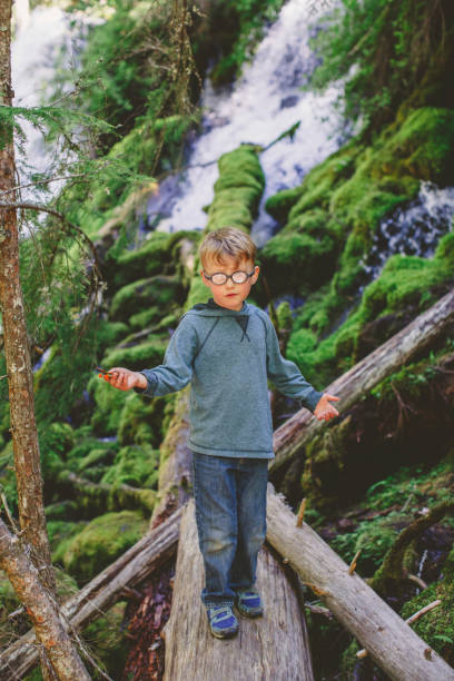 istock Young boy balances on log near waterfall in forest 1392771195