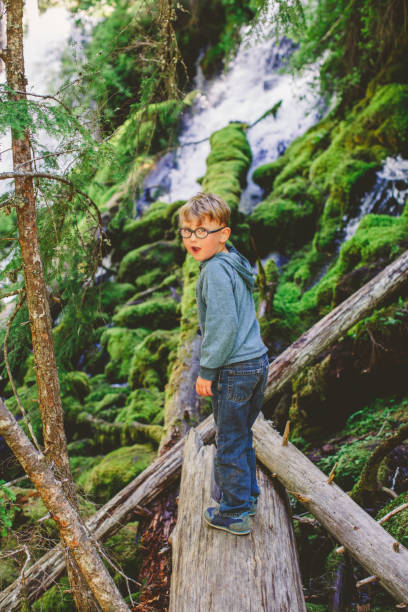 istock Young boy balances on log near waterfall in forest 1392771196