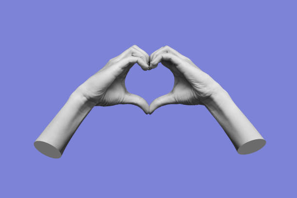 manos femeninas 3d que muestran una forma de corazón aislada sobre un fondo de color púrpura - love fotografías e imágenes de stock