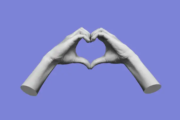 Photo of 3d female hands showing a heart shape isolated on a purple color background