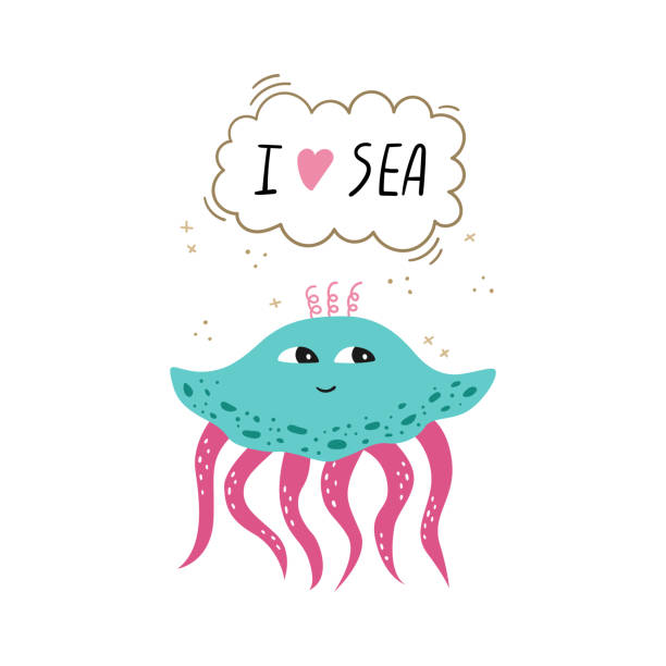 illustrazioni stock, clip art, cartoni animati e icone di tendenza di illustrazione vettoriale di una medusa in stile cartone animato con scritte disegnate a mano. - water plant coral sea jellyfish