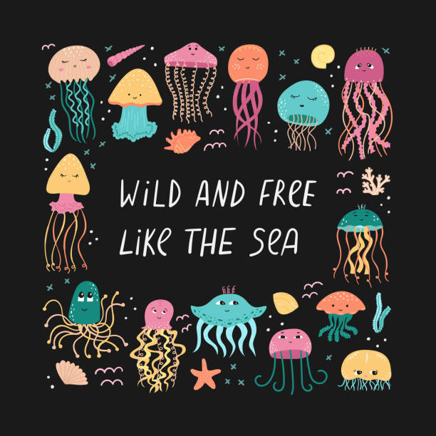 illustrazioni stock, clip art, cartoni animati e icone di tendenza di illustrazione vettoriale con meduse in stile cartone animato e lettering. - water plant coral sea jellyfish