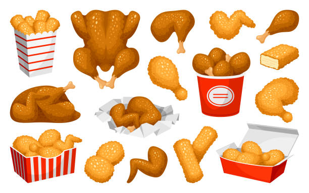 ilustraciones, imágenes clip art, dibujos animados e iconos de stock de colección de carne de pollo frito comida rápida menú de café vector alas planas, patas, filete, tiras, nuggets - cooked chicken white background grilled chicken