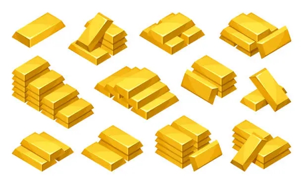 Vector illustration of Collection isometric gold bars vector ingot pyramid yellow metallic block rich brick wealth