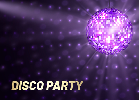 Realistic disco party banner with bright neon illumination ball vector illustration. Shiny bubble night club entertainment advertising with place for text. Decorative violet creative dance celebration