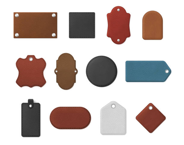 컬렉션 현실적인 가죽 태그 벡터 럭셔리 빈 배지 소재 스티커 브랜딩을 위해 설정 - leather patch label stitch stock illustrations