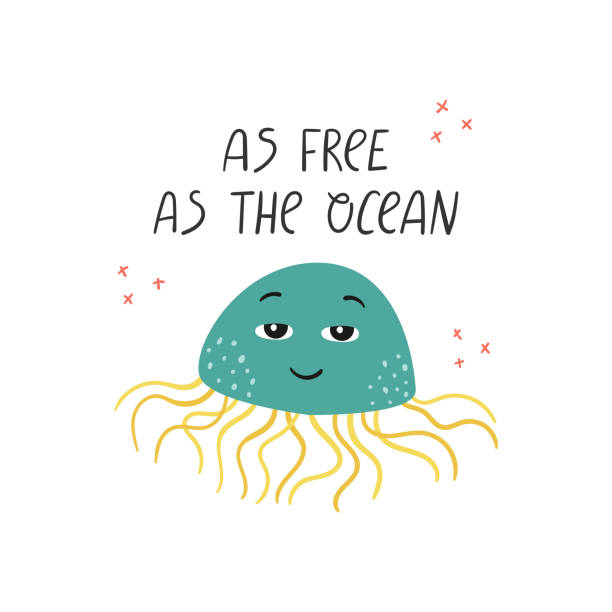 illustrazioni stock, clip art, cartoni animati e icone di tendenza di illustrazione vettoriale di una medusa in stile cartone animato con scritte disegnate a mano. - water plant coral sea jellyfish