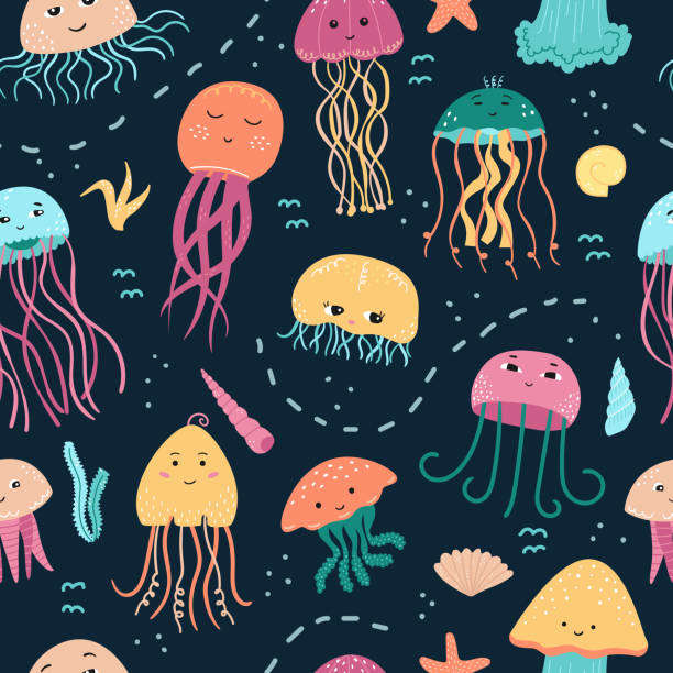 illustrazioni stock, clip art, cartoni animati e icone di tendenza di modello vettoriale senza cuciture con meduse, alghe e conchiglie in stile cartone animato. - water plant coral sea jellyfish