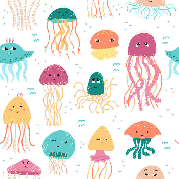 illustrazioni stock, clip art, cartoni animati e icone di tendenza di modello vettoriale senza cuciture con meduse in stile cartone animato. - water plant coral sea jellyfish