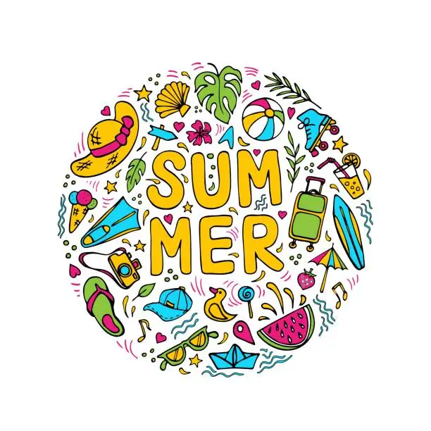 Vector illustration of Summer symbols doodle clipart. Round composition on vacation theme with lettering