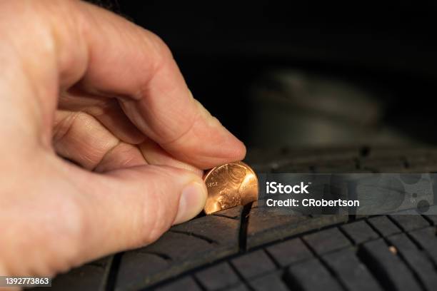 Checking Tread Depth On A Tire By Using A Penny Stock Photo - Download Image Now - Tire - Vehicle Part, US Penny, Deep