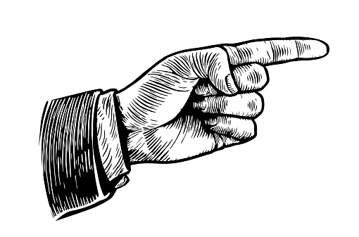 Retro pointing hand. Hand drawn sketch in vintage style. Vector illustration
