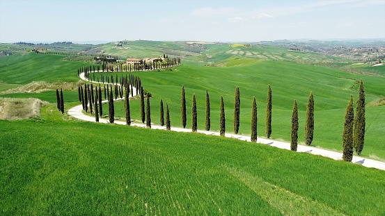 drone of typical Tuscany landscape  in Asciano , Val D'orcia , Siena - the famous Crete Senesi with white winding road, row of cypresses ,  lush green countryside and agricultural cottage