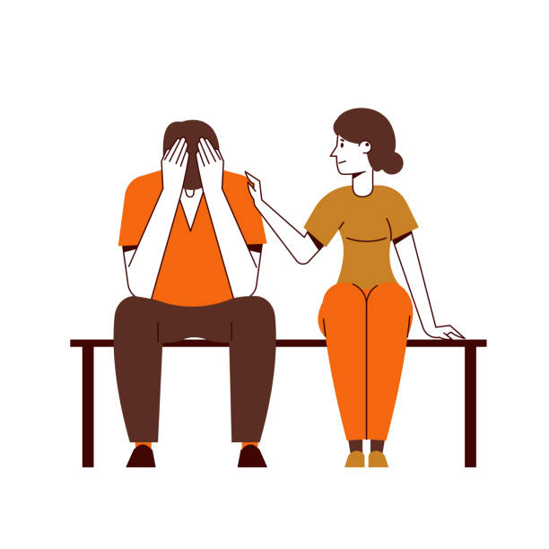 An upset man is comforted by a woman. Vector illustration of psychological help. An upset man is comforted by a woman. Vector illustration of psychological help. patience stock illustrations