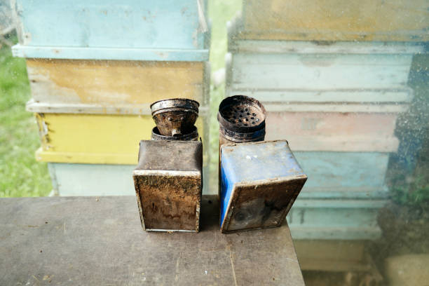 Bee smokers on table. Chimney for flashing bees. The beekeeper's tools