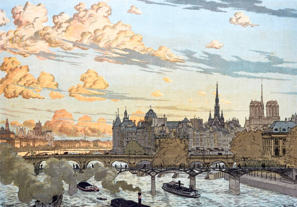 illustrazioni stock, clip art, cartoni animati e icone di tendenza di parigi vista dal pont des saint-pères - old fashioned scenics engraving river