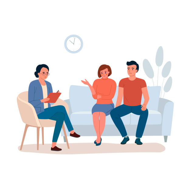 ilustrações de stock, clip art, desenhos animados e ícones de sad family talking with psychologist on the sofa. vector flat style illustration - mental health professional family couple psychiatrist