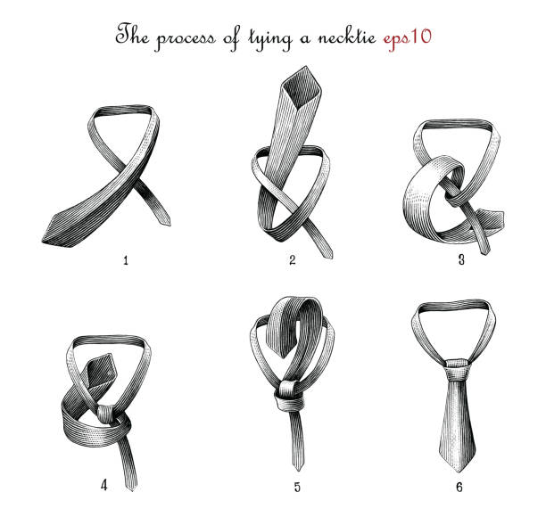 ilustrações, clipart, desenhos animados e ícones de o processo de amarração de uma gravata desenhando gravura vintage - necktie