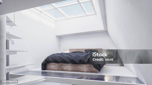 Modern Bedroom At The Second Floor Stock Photo - Download Image Now - Attic, Bed - Furniture, Design