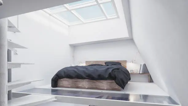 modern bedroom at the second floor. 3d design concept.