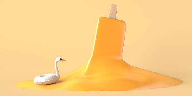 istock Summer concept with melted orange ice cream and swan float. Copy space. 3D illustration. 1392788352