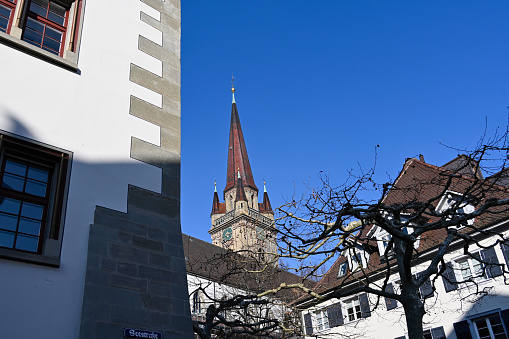 Chartres, France - April 19, 2013: A view to Cathedral Our Lady of Chartres from central place of city. Cathedral constructed during the 13th century and is fine example of French Gothic architecture.