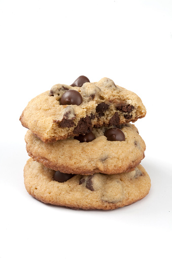 Stack of three chocolate chip cookies