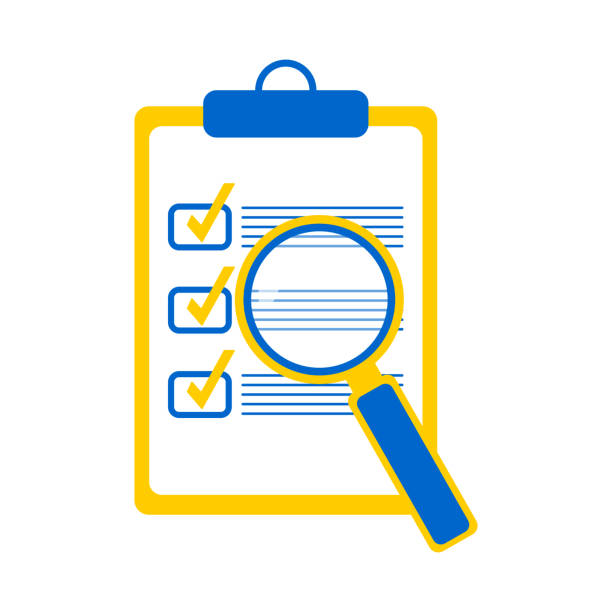 istock Magnifying glass and checklist in blue and yellow. Information search icon isolated on white background. Vector. 1392799872